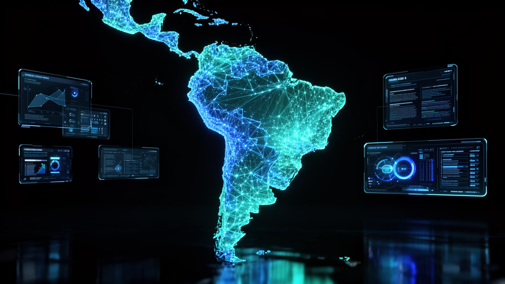 Mapa de Latinoamérica conectado por nodos inteligentes